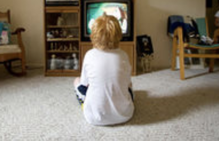 Back view of young boy watching television